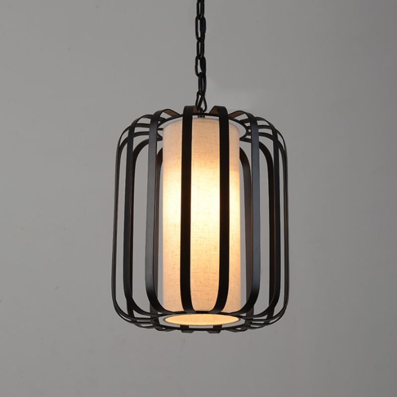 Black 1-Bulb Drop Pendant Retro Style Cylinder Suspension Light with Wire Cage for Dining Room