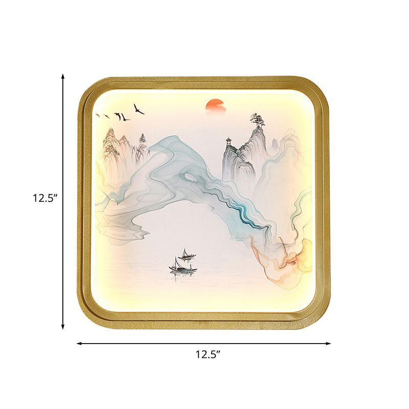Hand-Paint Flower/Mountain Mural Lighting Chinese Fabric Living Room LED Wall Sconce with Gold Round/Square Frame