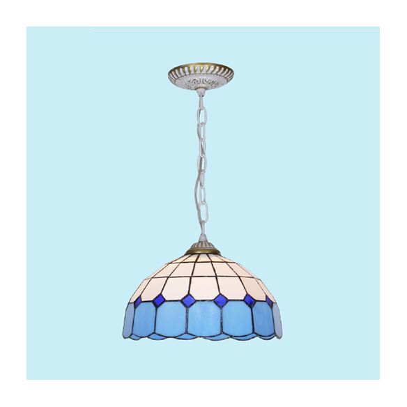 Mediterranean Dome Hanging Light Stained Art Glass 1 Bulb Pendant Light Fixture in White/Blue/Bronze