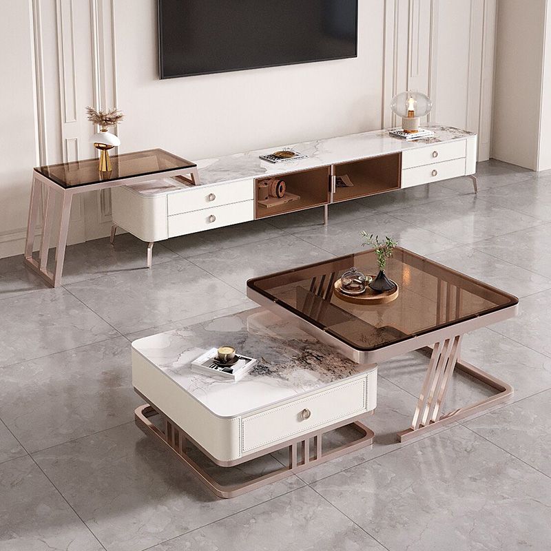 2 Nesting Coffee Table Set Slate & Glass Top Square Cocktail Table with Drawers