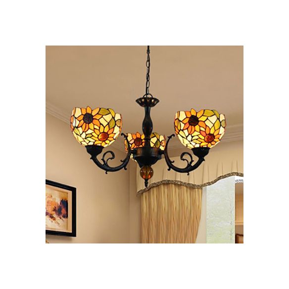 Colorful Bowl Chandelier Light with Flower/Rose/Sunflower/Yellow Flower Pattern Retro Style Stained Glass 3 Bulbs Inverted Chandelier in Brass