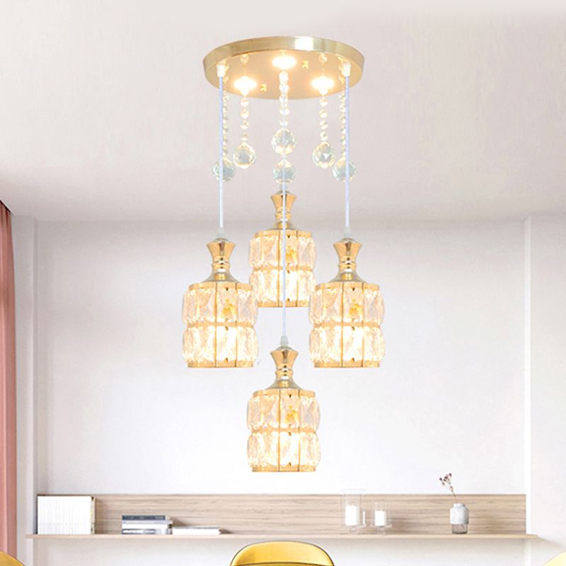 Crystal Block Cylinder Multi Pendant Light Fixture Modern 4-Bulb Hanging Lamp Kit in Gold