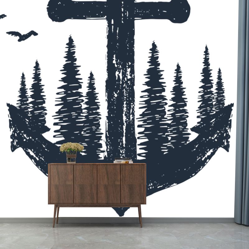 Modern Anchor Wall Mural Decal Non-Woven Waterproof Black-White Wall Decor for Bedroom