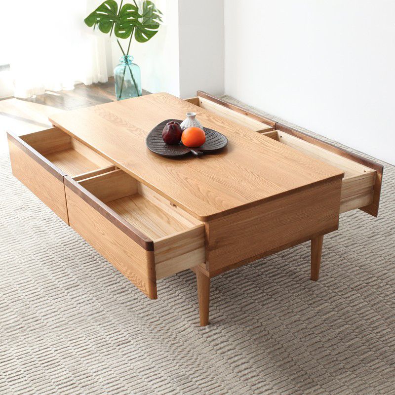 Scandinavian Rectangle Coffee Table with 5 Drawers in Natural