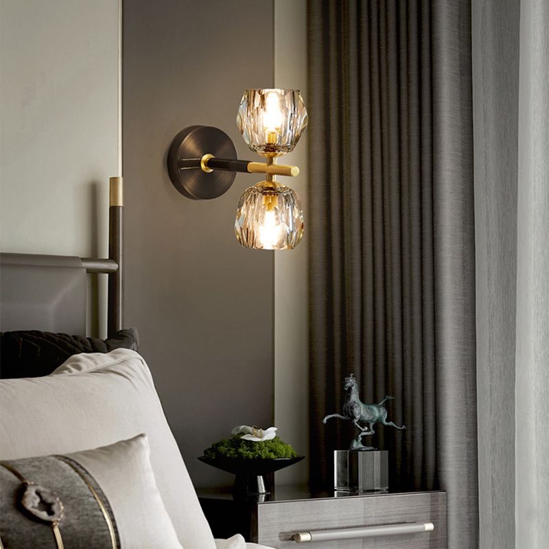 1 / 2 - Light Brass Wall Armed Sconce in Black and Gold Wall Light with Crystal Shade