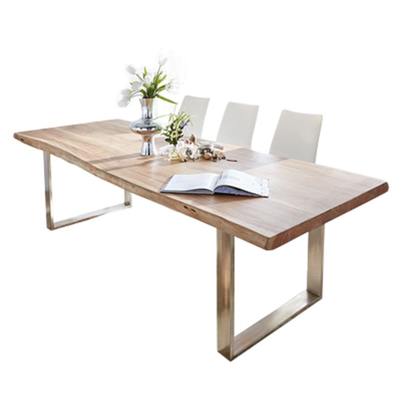Modern Pine Wood Table for Restaurant Rectangle Dining Table with Silver Double Pedestal
