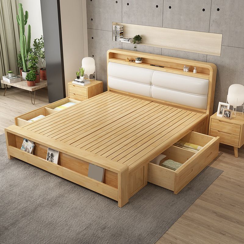 King & Queen Size Wood Panel Bed Nordic Upholstered Bed Frame with Storage