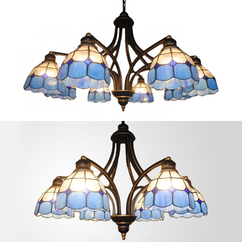 Lustre en verre bleu en verre semi avec chaîne métallique 6/8 lumières