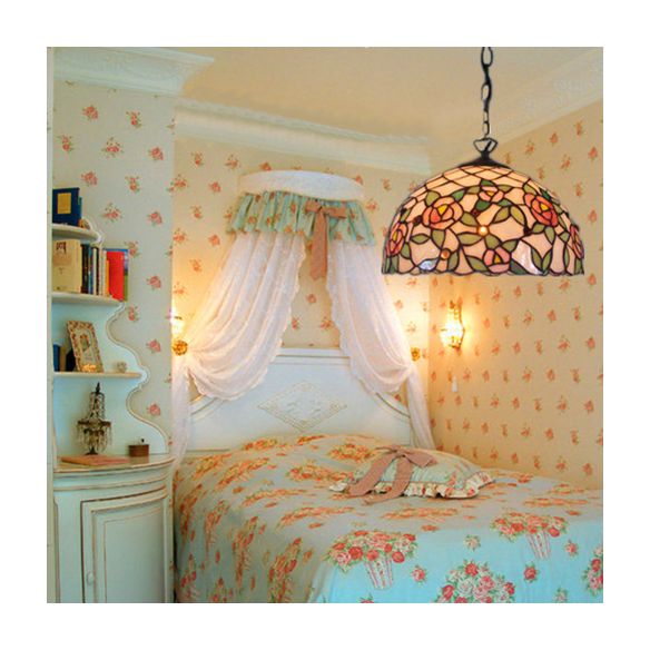 Domed Suspension Lighting 1 Bulb Pink Hand Cut Glass Tiffany-Style Hanging Ceiling Light with Flower Pattern