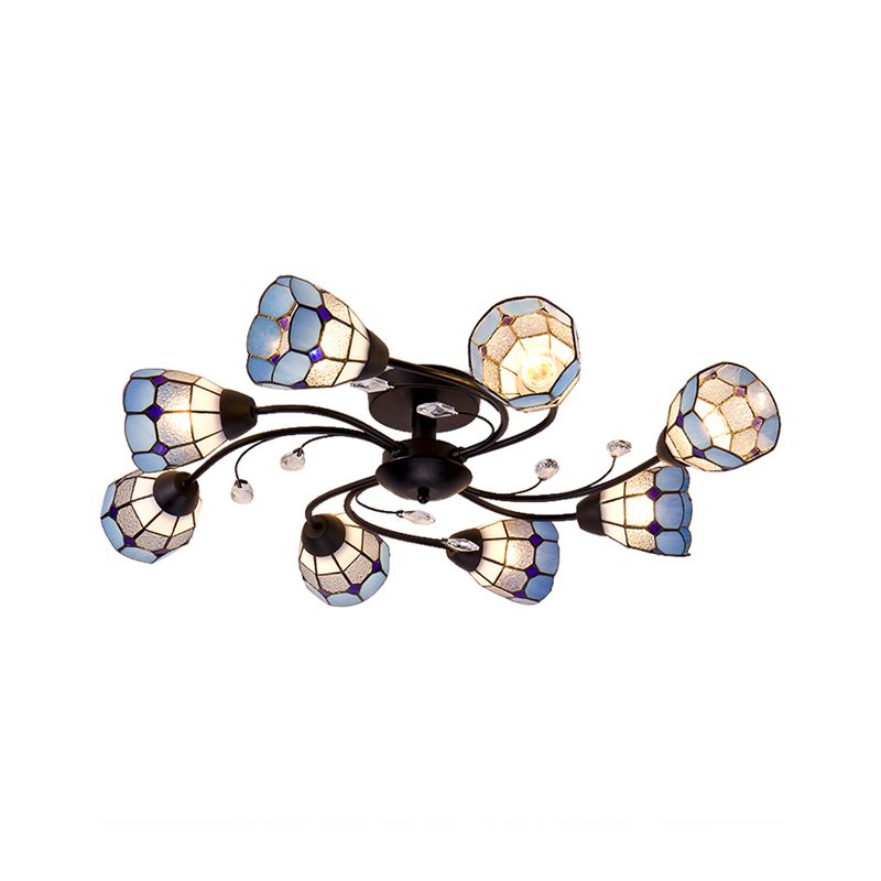 Tiffany Semi-encastré avec bras tourbillonnant et abat-jour en forme de dôme, plafonnier en verre artistique à 8 lumières, Orange/bleu, pour le salon