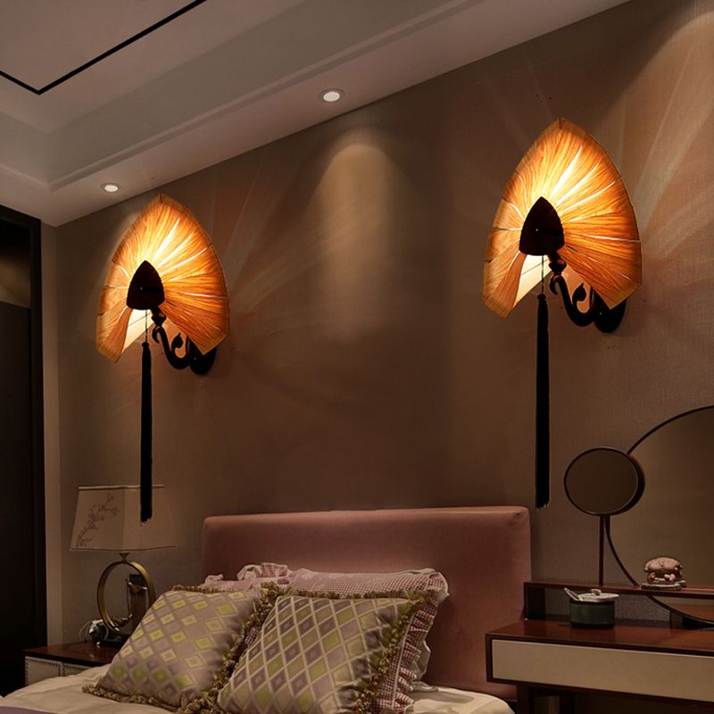 Wood Strap Cherry Sconce Light South East Asia 1-Light Beige Wall Mount Lamp with Tassel Fringe in Black