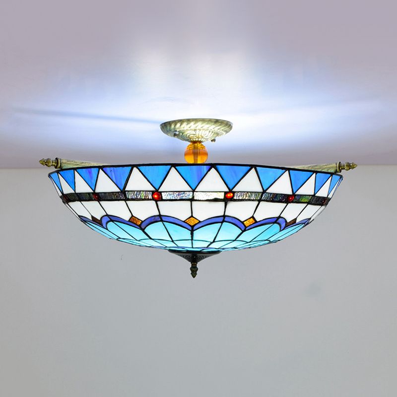 Baroque Dome Semi Flush Mount Lighting 5 Bulbs Handcrafted Stained Glass Close to Ceiling Lamp in White/Blue, 21.5"/25.5" W