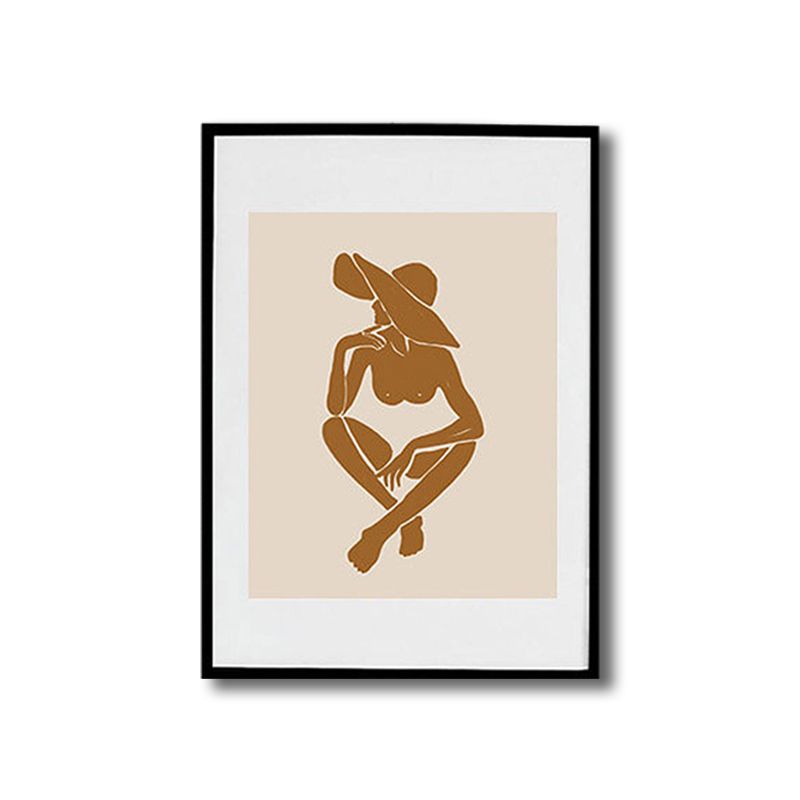 Brown Hatted Girl Art Print Figure Pattern Nordic Textured Wrapped Canvas for Sitting Room