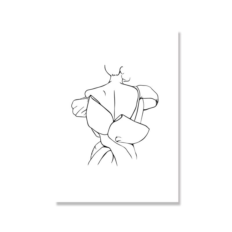 White Minimal Canvas Print Line Drawing Back of Woman in Formal Dress Wall Art for Home