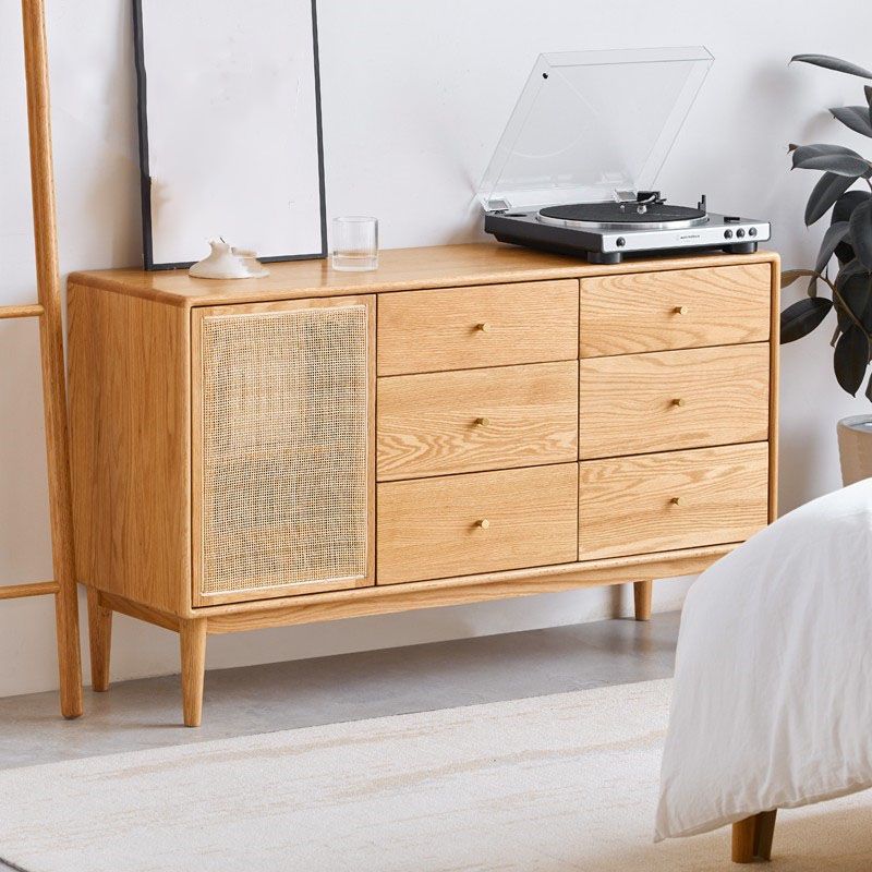 Contemporary Paned Cabinet Brown Pine and Cherry Accent Cabinet with Doors