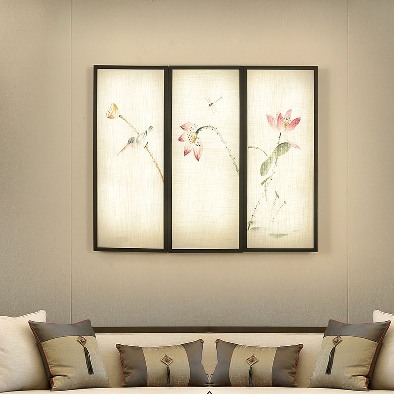 Black Panel Rectangular Mural Lamp Asia LED Fabric Wall Mount Lamp with Lotus Pattern
