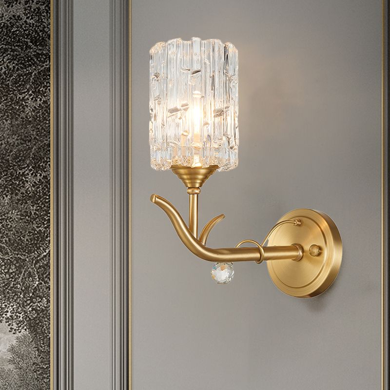 Cylindrical Corridor Wall Mount Light Clear Glass 1/2-Head Vintage Style Wall Sconce in Gold Finish