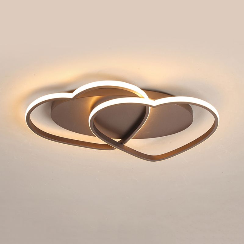 Metal Double Heart Flush Mount Light Romantic Ceiling Lamp in Brown for Study Room