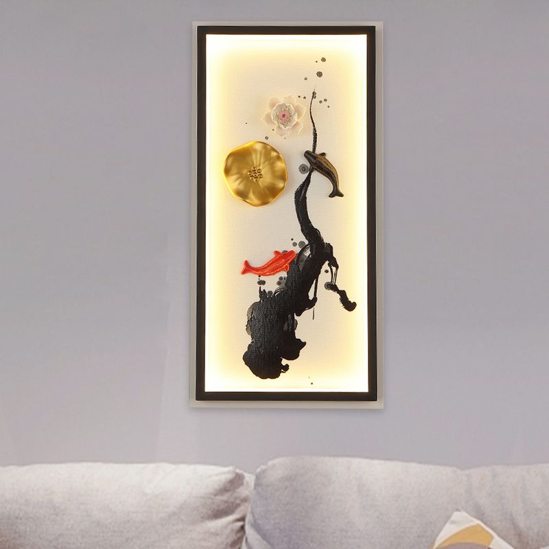 Chinese Ink Lotus Pond Mural Light Metallic Living Room LED Wall Sconce Lighting in Black