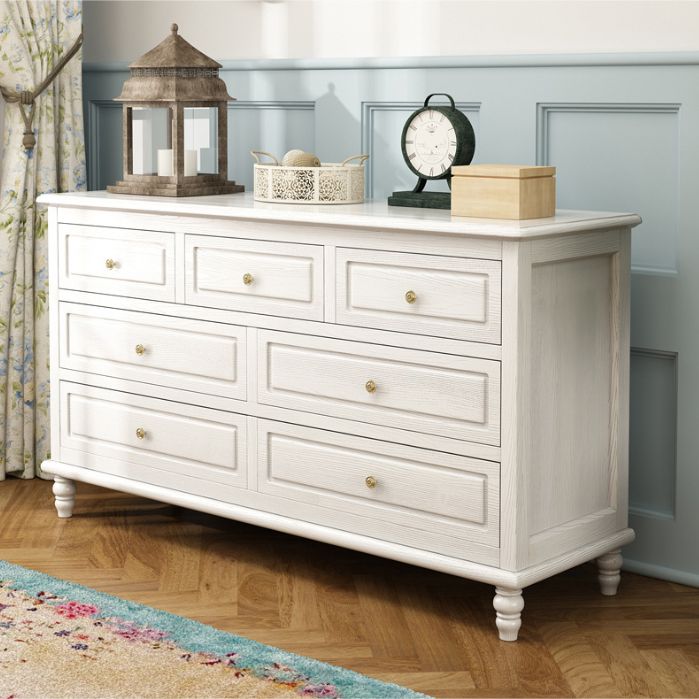 Mid-Century Modern White Chest with 7 Drawers and Turned Legs