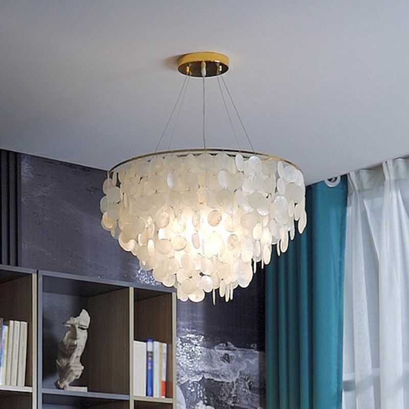 French Country Conical Pendant Lamp Natural Shell Chandelier Light Fixture in Gold