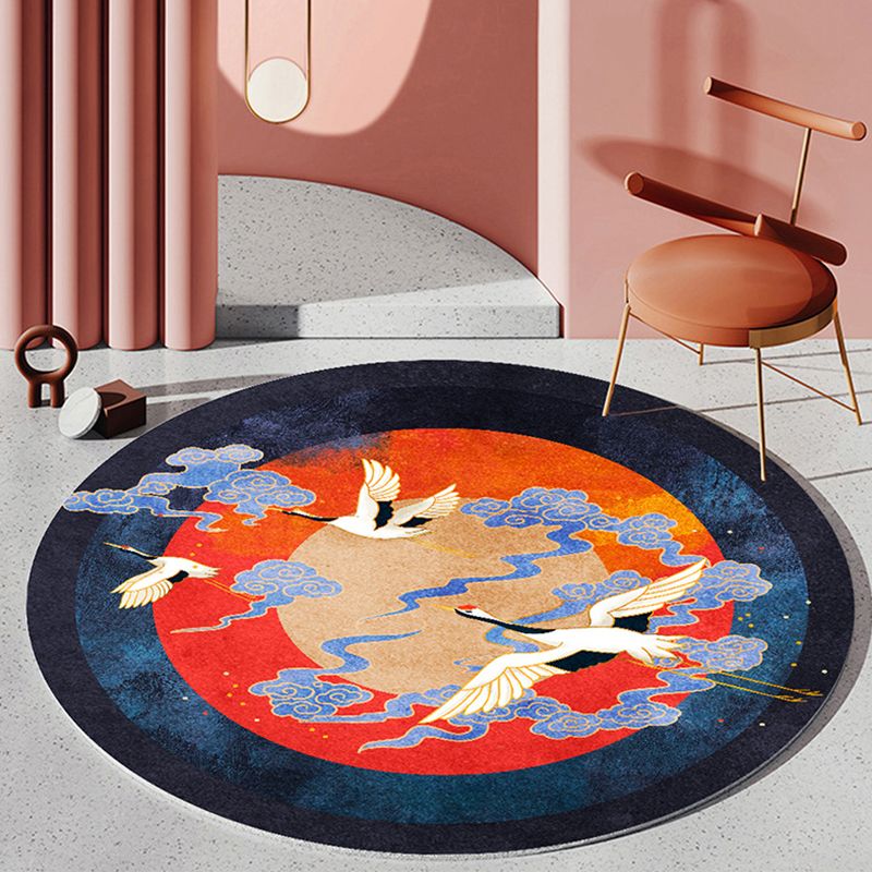 Round Floral Print Carpet Polyester Classical Rug Non-Slip Backing Area Carpet for Living Room