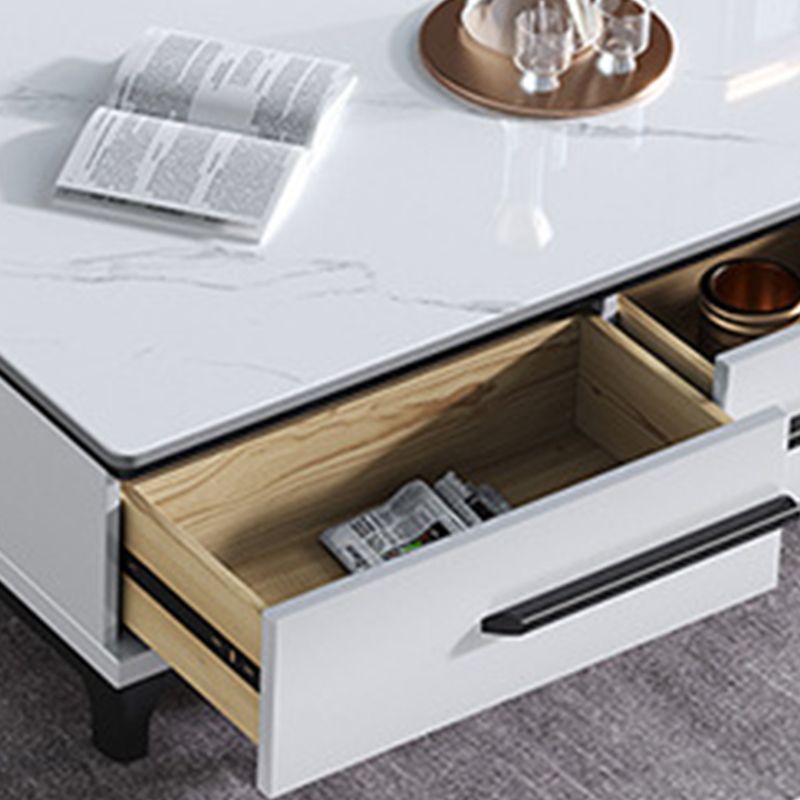Stone Top Coffee Table with 4 Wooden Legs and 2 Drawers Cocktail Table