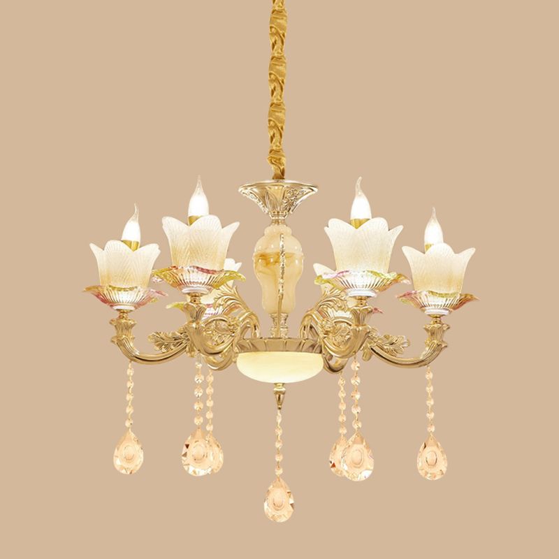 Floral Family Room plafond kroonluchter antiek wit glas 6-head gouden hangende verlichtingsarmatuur