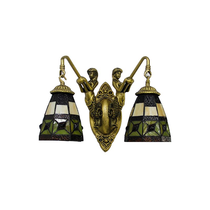 Cone Beige Glass Wall Light Fixture Tiffany 2 Heads Antique Brass Sconce Lighting