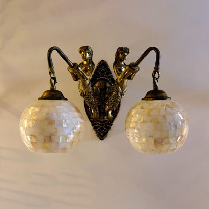 Dome/Globe Shell Vanity Lighting Idea Baroque 2 Lights White/Brass Sconce Light Fixture for Bathroom, 10"/11" H