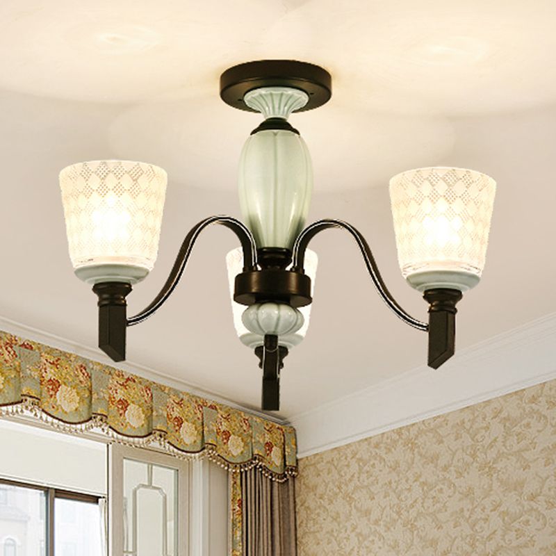 Tapered Living Room Semi Flush Traditional Rhombus Glass Light Green Ceiling Mount Chandelier