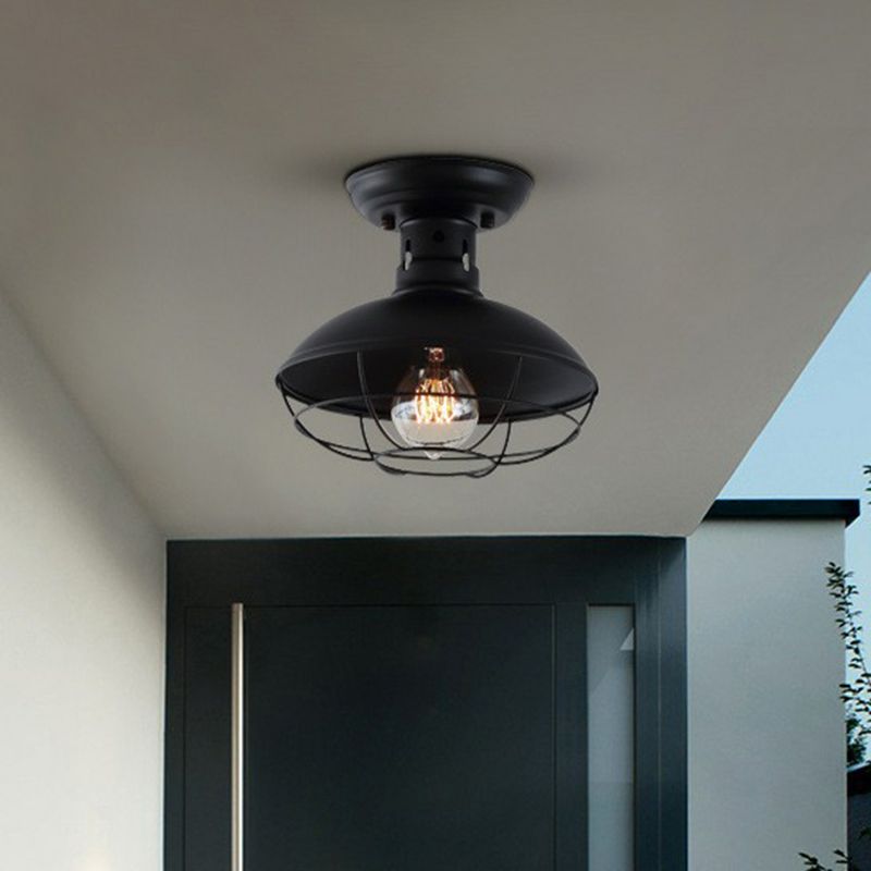 Metal Bowl Shaped Ceiling Lamp Farmhouse 1 Head Corridor Semi Flush Mount Light with Cage in Black