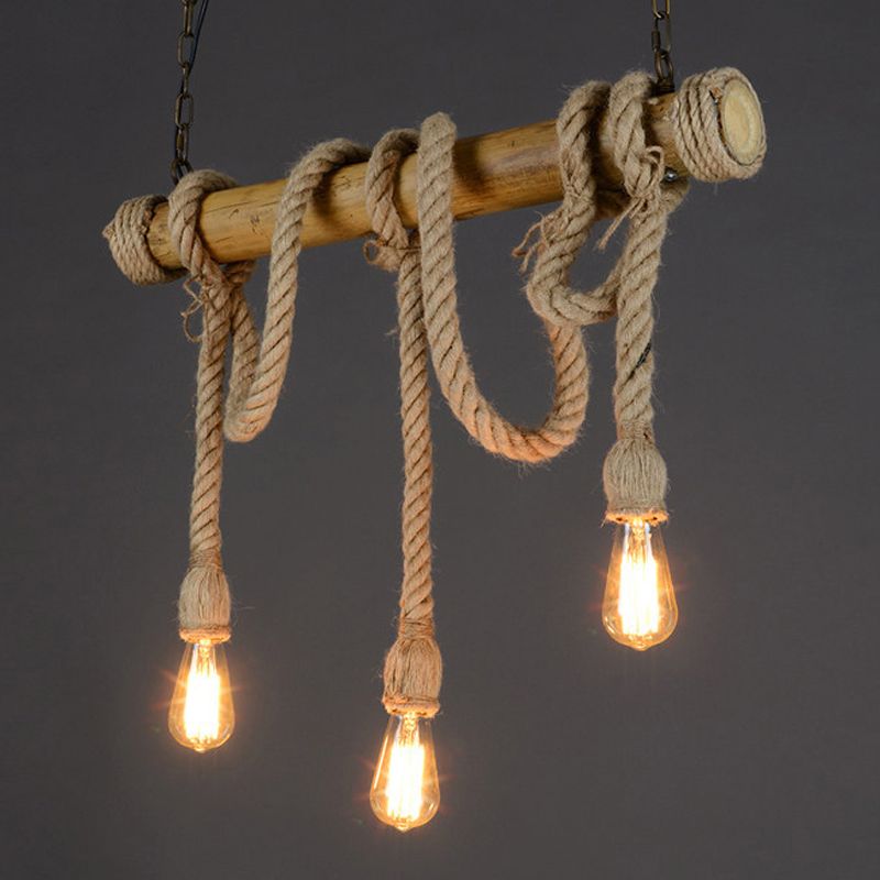 Bamboo 3 / 6 - Light Island Light Industrial Ceiling Pendant with Hemp Rope