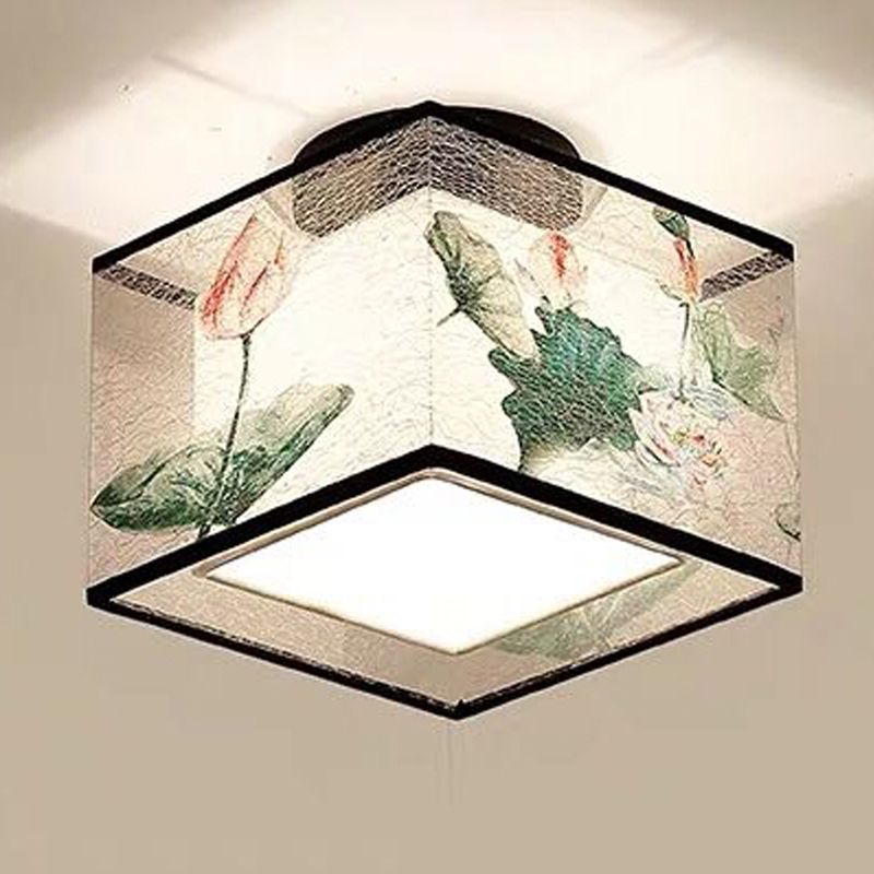 Square/Drum Shape Chinese Style Fabric Flush Mount Light Fixture for Living Room Dinning Room