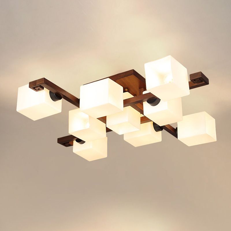 Brown Modern Wood Flush Mount Geometric Shape Ceiling Lamp with Acrylic Shade for Bedroom