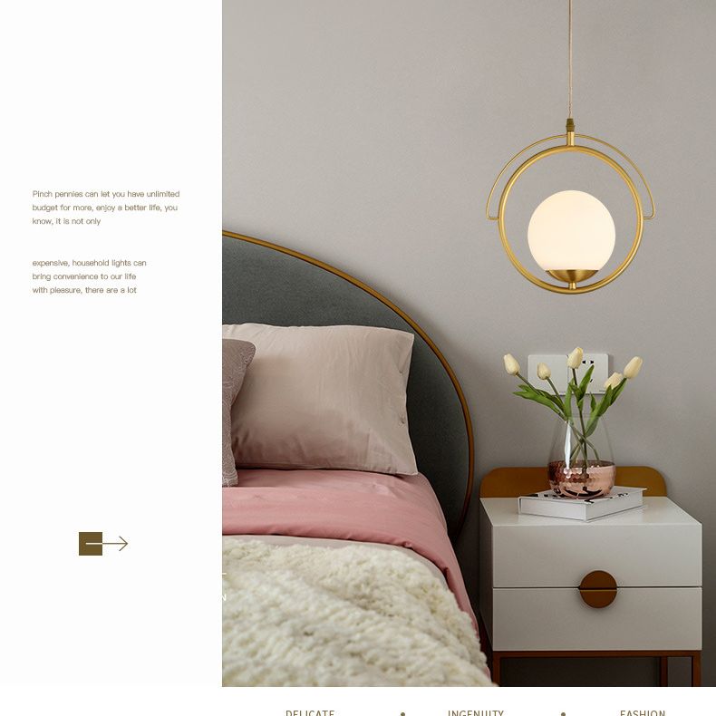 11.5 "Diameter Brassring Eenmalige lichtophanging Lamp Witglas Balschaduw Moderne stijl Verlichtingsarmatuur voor slaapkamer