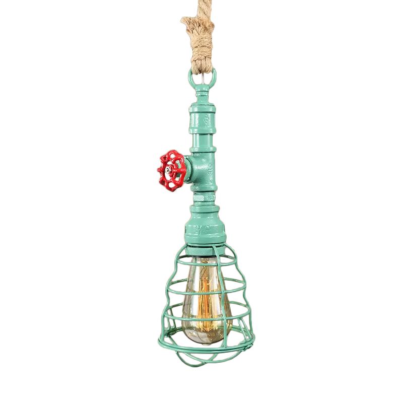 Costeo de iluminación de steampunk enjaulado 1 cabezal de techo colgante de hierro con cordón de cuerda y diseño de tubería de agua en azul/óxido/bronce