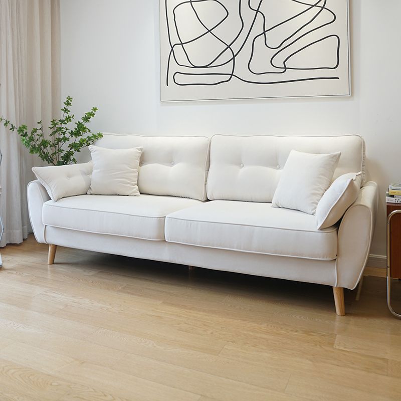 Sofa de bras carré de lin en vrac avec des jambes à épingle à cheveux couvertes.