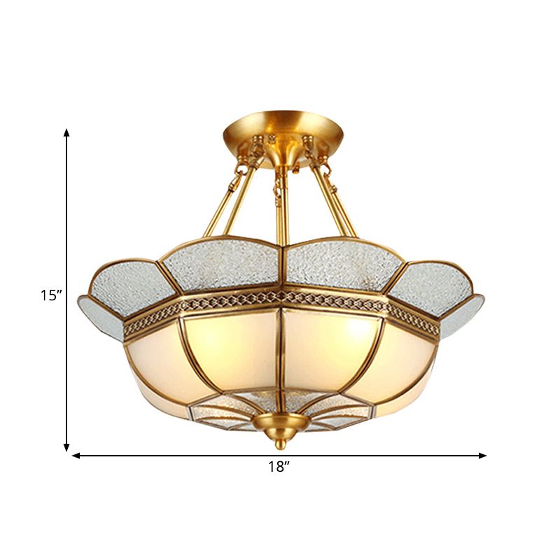 Traditional Scalloped Semi-Flush Light Fixture 4/6 Bulbs Metal Ceiling Mount in Brass for Bedroom, 18"/23.5" W