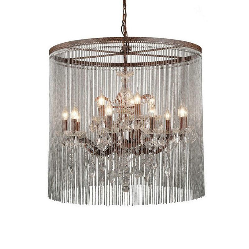 Crystal Candelabra Chandelier Retro 15 Heads Living Room Ceiling Light in Rust with Tassel Chain