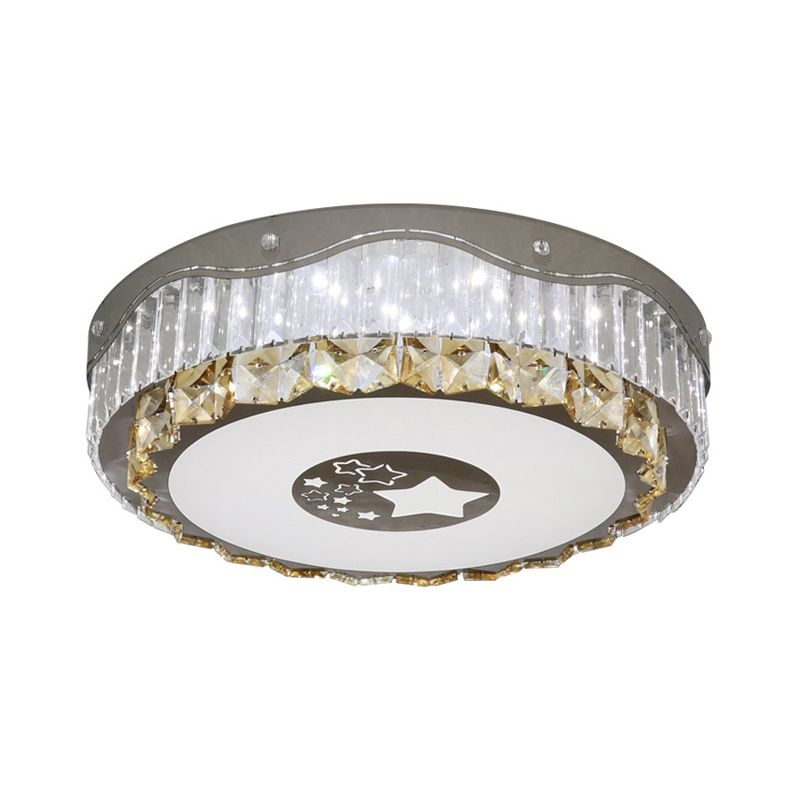 Clear Crystal Blocks Round Flush Light Modern Bedroom LED Ceiling Mount in Stainless-Steel
