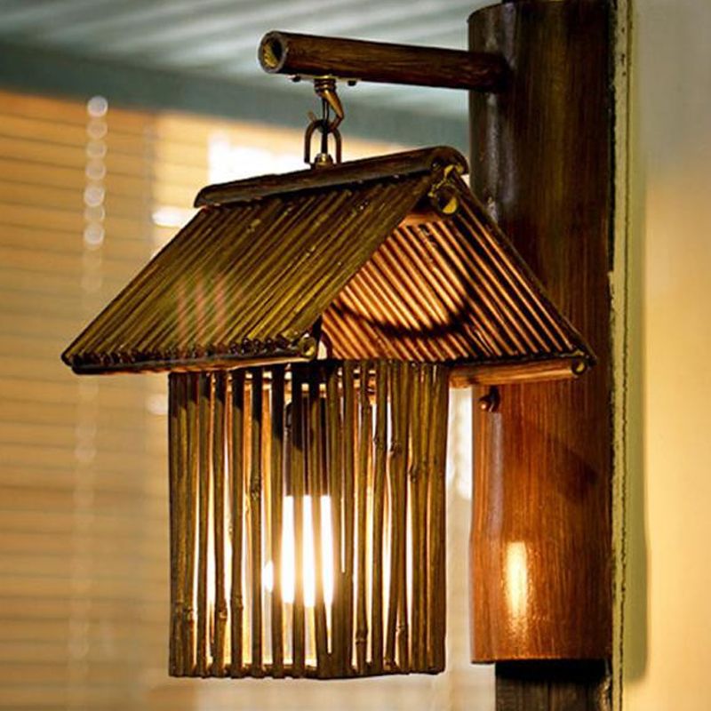 1 Bulb House Sconce Light Asian Bamboo Wall Mounted Lamp in Dark Coffee/Khaki with Half-Cylinder Backplate