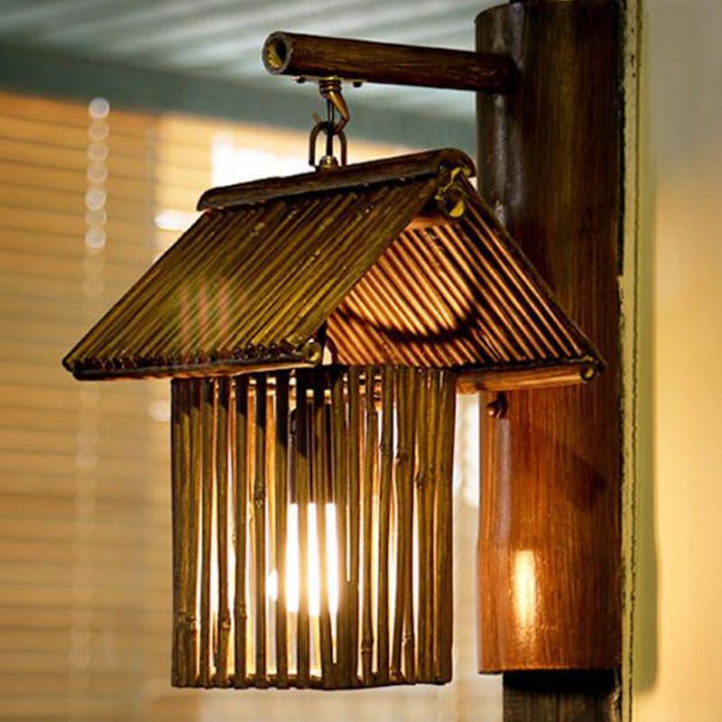 1 Bulb House Sconce Light Asian Bamboo Wall Mounted Lamp in Dark Coffee/Khaki with Half-Cylinder Backplate