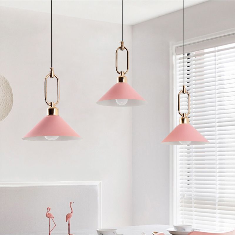 Macaron Single-Bulb Pendant Light Conical Plafond Lampe avec ombre en métal et anneau ovale
