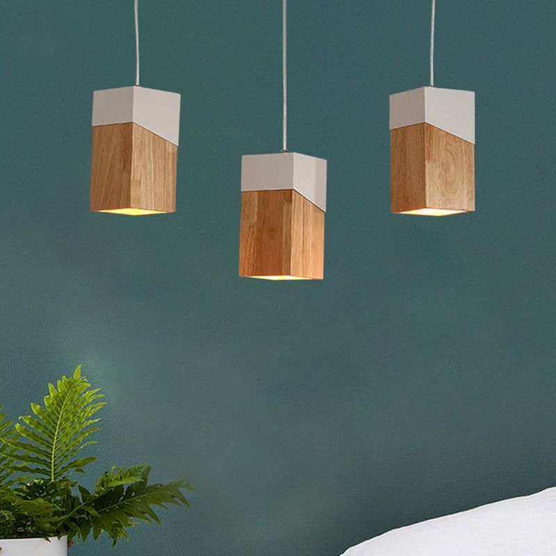 3-Head Study Room Multi Light Pendant Modern Beige and White Suspension Lamp with Cuboid Wood Shade