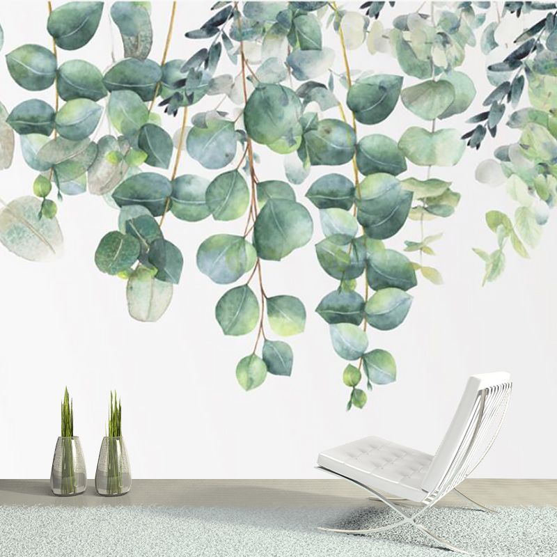 Watercolor Leaf Wall Decal Mural Modern Non-Woven Material Wall Art in Green-White