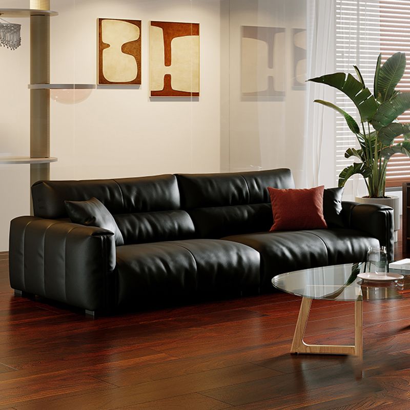 Black Genuine Leather Sofa Mid-Century Modern Square Arm Sofa