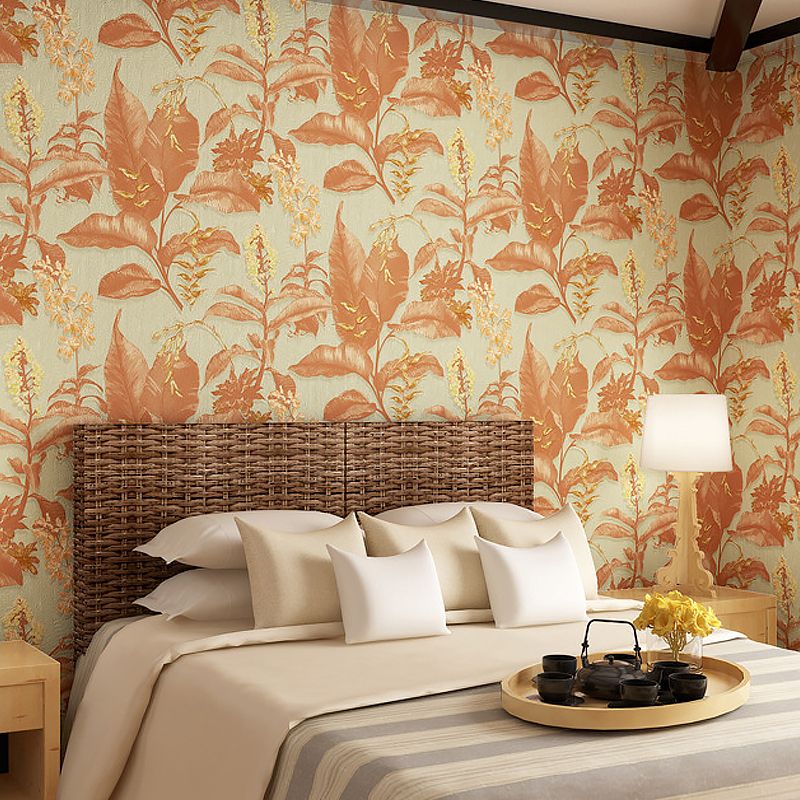 Smooth Non-Woven Wallpaper Rust Unpasted Wall Art with Banana Leaves Pattern for Accent Wall