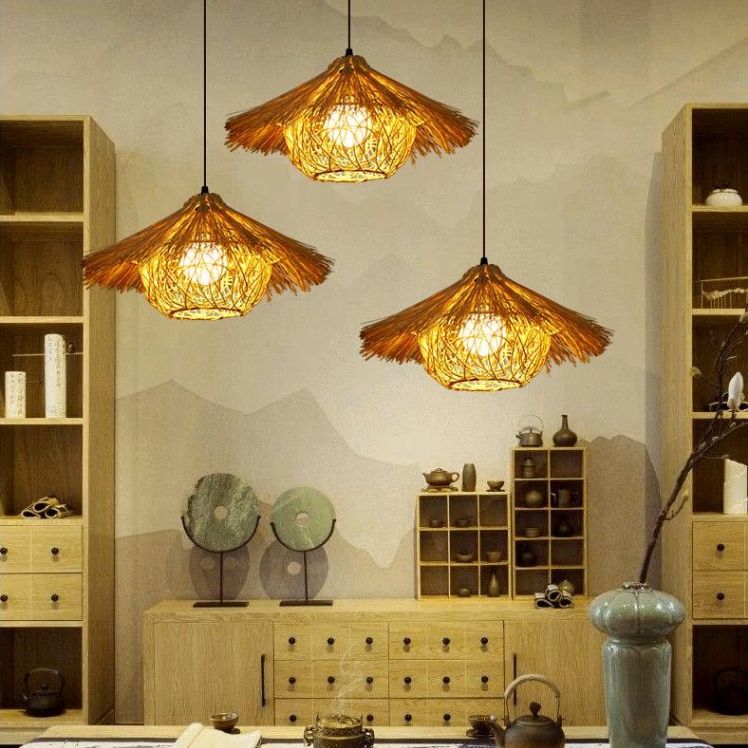 Contemporary Nest Pendant Lighting Fixture Rattan Restaurant Hanging Ceiling Light in Beige