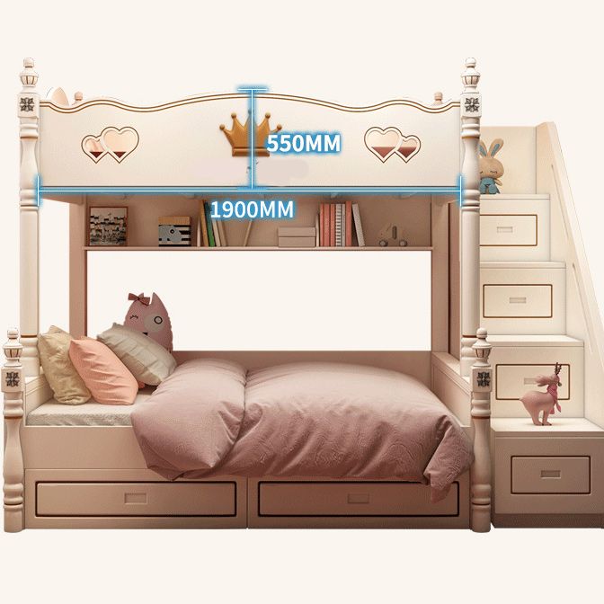 Contemporary Bunk Bed Solid Wood White Princess with Guardrail Headboard